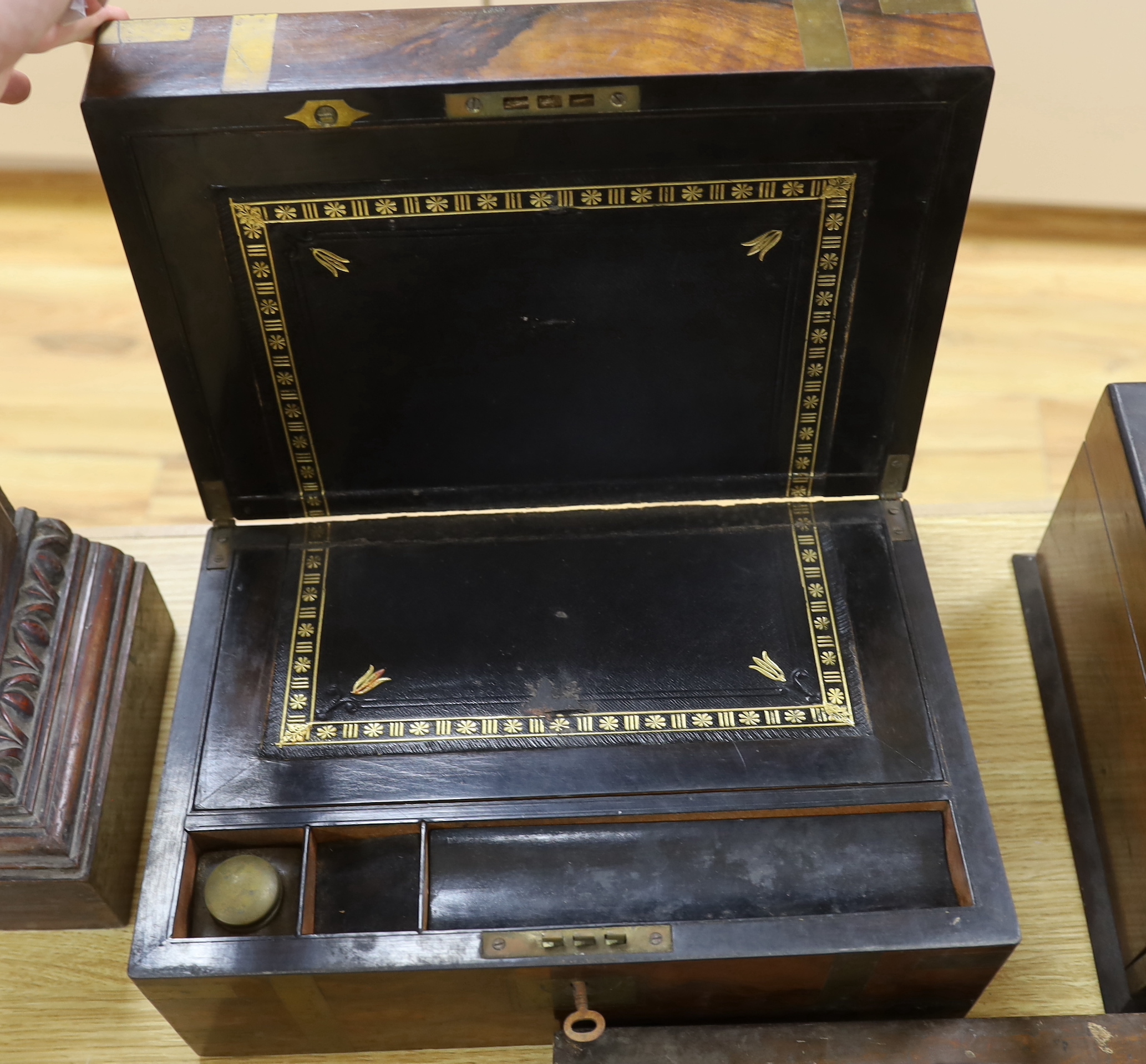 A Victorian brass mounted walnut writing box, work box with fitted interior, rosewood box with mother of pearl inlaid panel together with vintage cased printing blocks, the largest 47.5cm wide